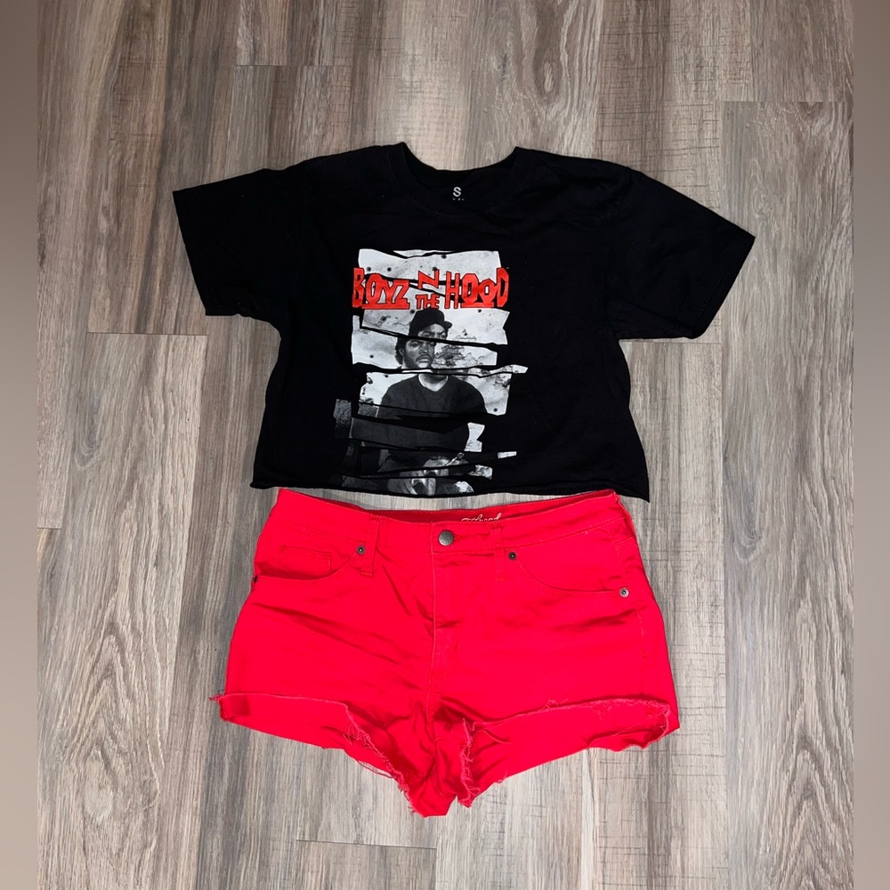 Black Graphic Tee and Red Shorts Set